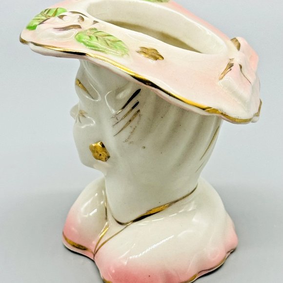 Lady Head Vase Pink Gold Eyelashes Highlights Jewelry Hat 1950s 3 inch - Picture 5 of 8